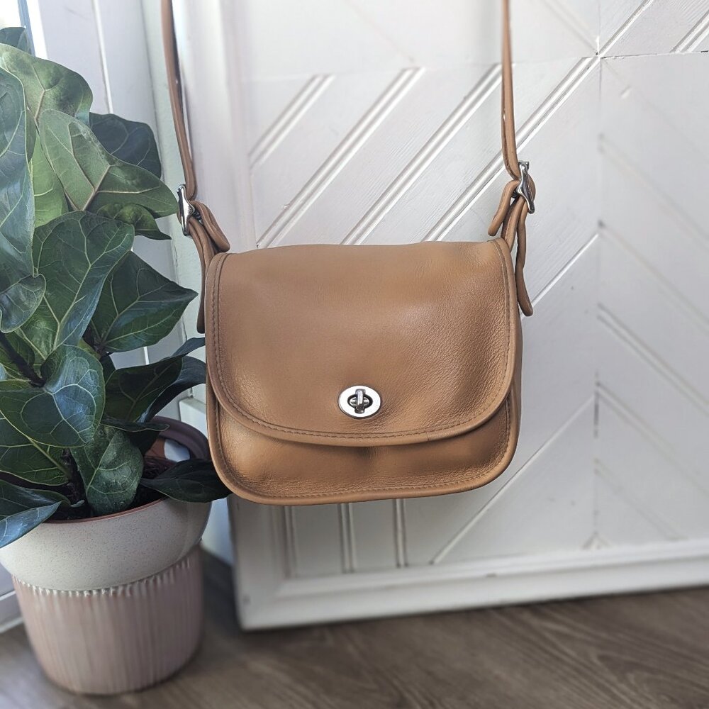 Camel Leather Small Flap Saddle Crossbody Bag - Picture 2 of 11